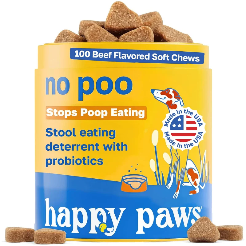 Happy Paws No Poo Chews – Dissuasion de la coprophagie pour chiens | Probiotiques, citrouille & enzymes, saveur boeuf, bio, végan, sans OGM, 100 pièces