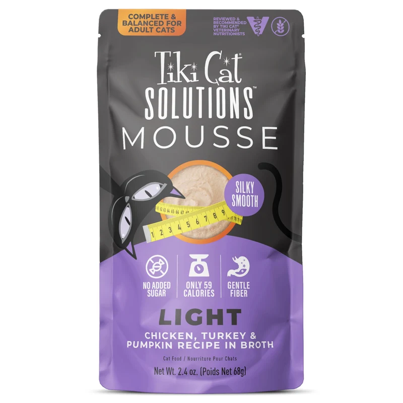 Tiki Cat Solutions Light Mousse – Poulet, Dinde & Potiron | Aide au poids | 12 sachets 68 g