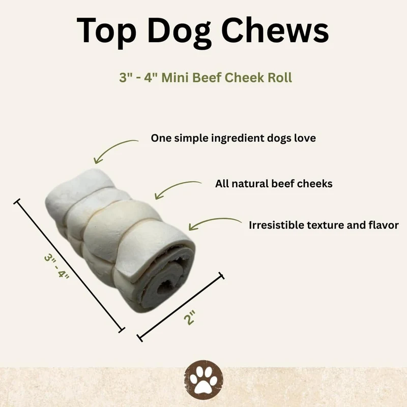 Top Dog Chews – Rouleaux de joue de bœuf 3 pouces, Lot de 10, Os durables sans cuir pour chiens agressifs
