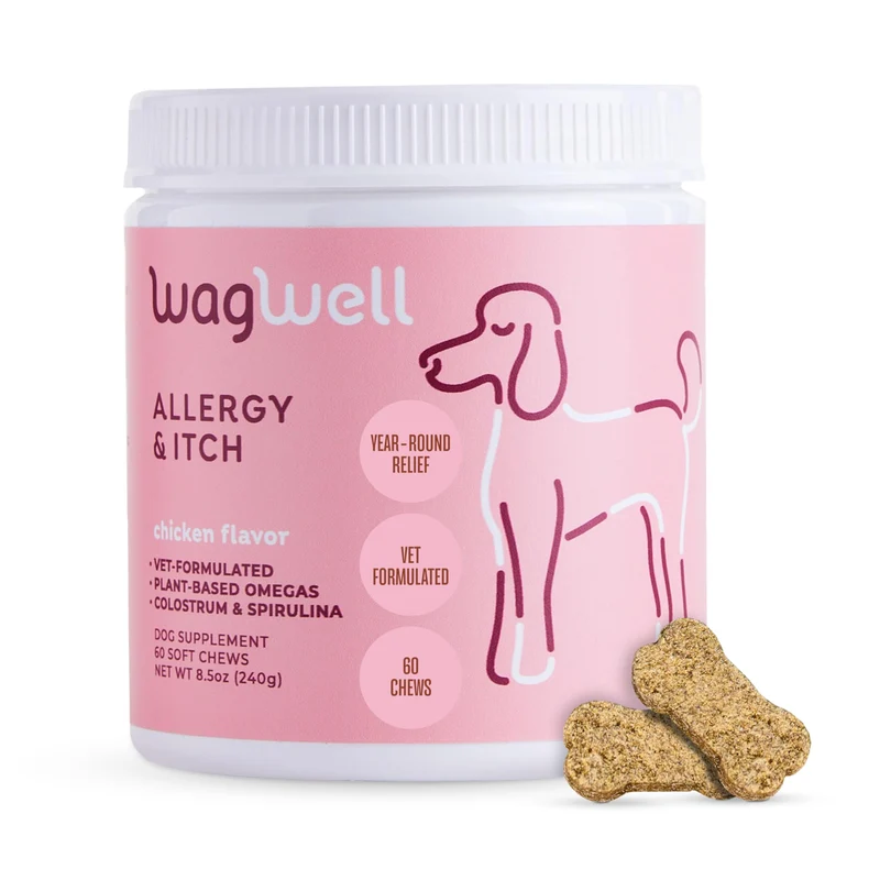 WagWell Allergy & Itch Chews pour chiens | Formulé par des vétérinaires – soutien allergies, démangeaisons, peau et immunité | goût poulet | 60 bouchées | Fabriqué aux États‑Unis