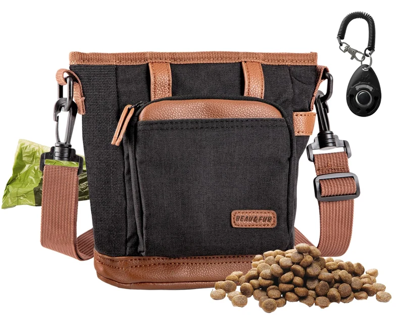 BEAU&FUR Sac de friandises chien – 4 tasses, Distributeur, Poche extensible, Sangle réglable, Noir