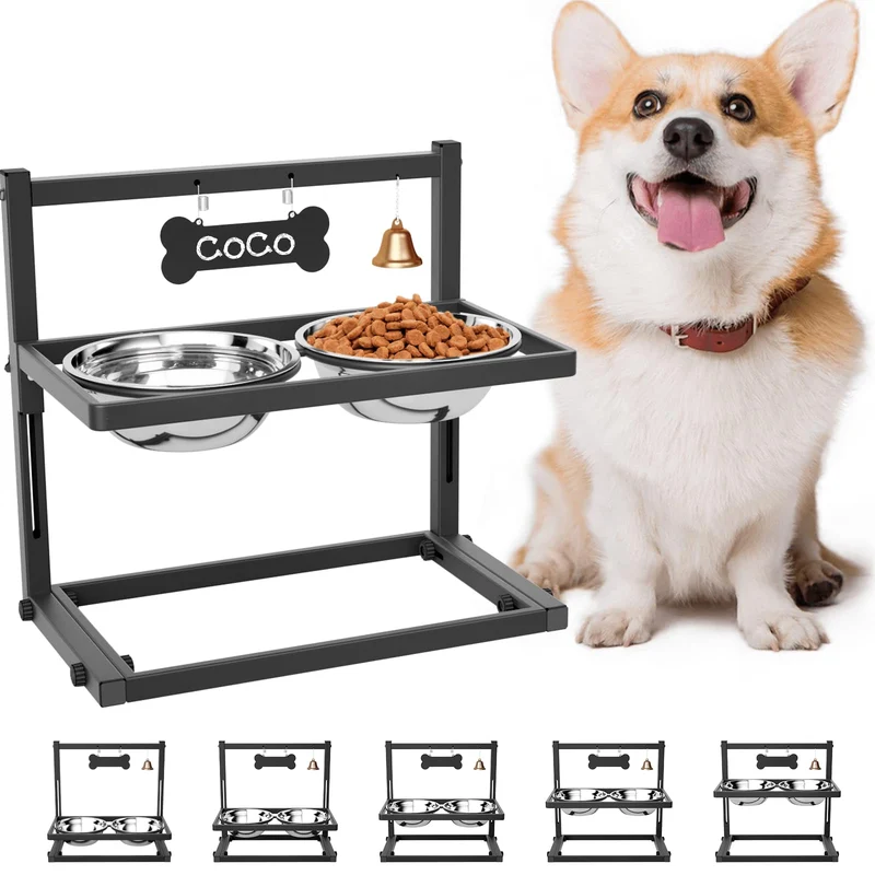 TIDANT – Gamelles Élevées pour Chiens Moyens et Petits, 5 Hauteurs Réglables & 2 Bols Inox 800 ml
