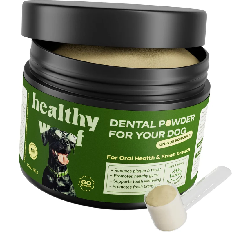 Healthy Woof Poudre Dentaire pour Chiens – Bouillon d'Os, Soin Buccal Complet, 60 Mesures, 4.2 oz