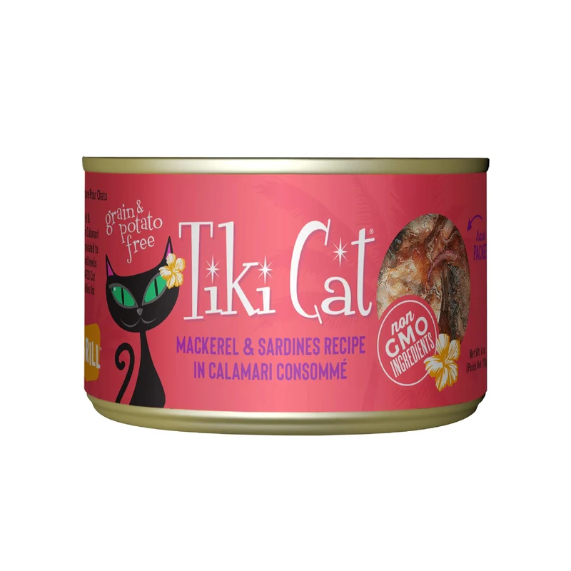TIKI PETS – Tiki Cat Grill Maquereau et Sardines – Protéines élevées, 100% sans OGM, Nourriture humide pour chats, 6 oz, Pack de 8