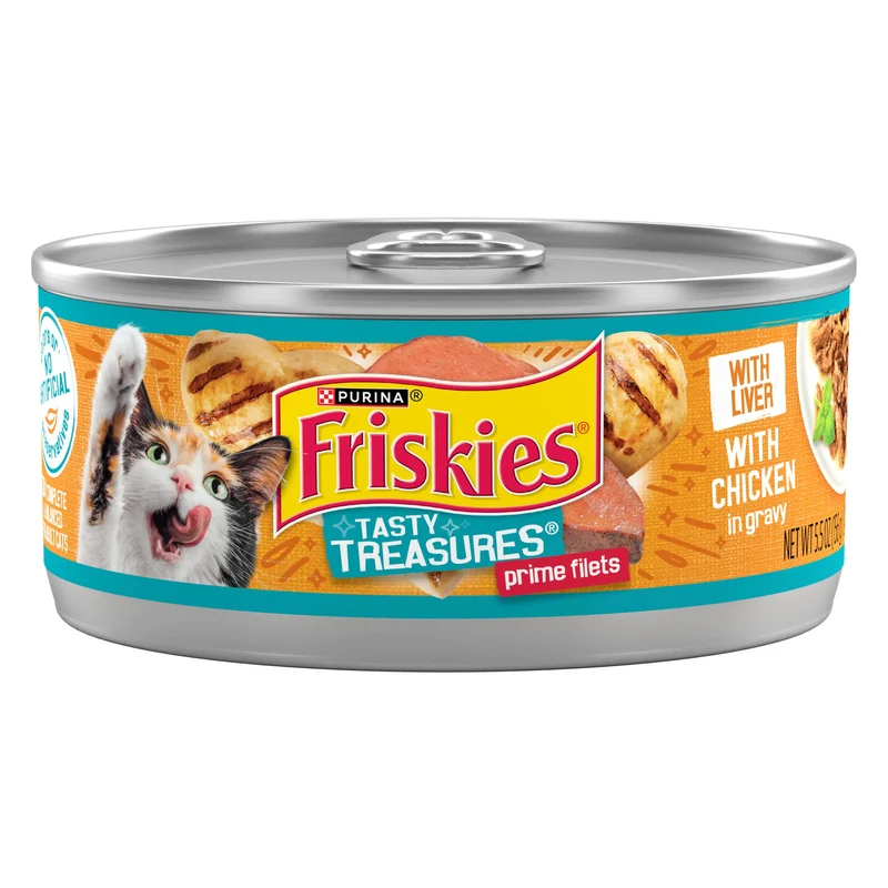 Purina Friskies Tasty Treasures : Poulet et Foie en Sauce pour Chat Adulte – Pack de 24 boîtes de 156 g