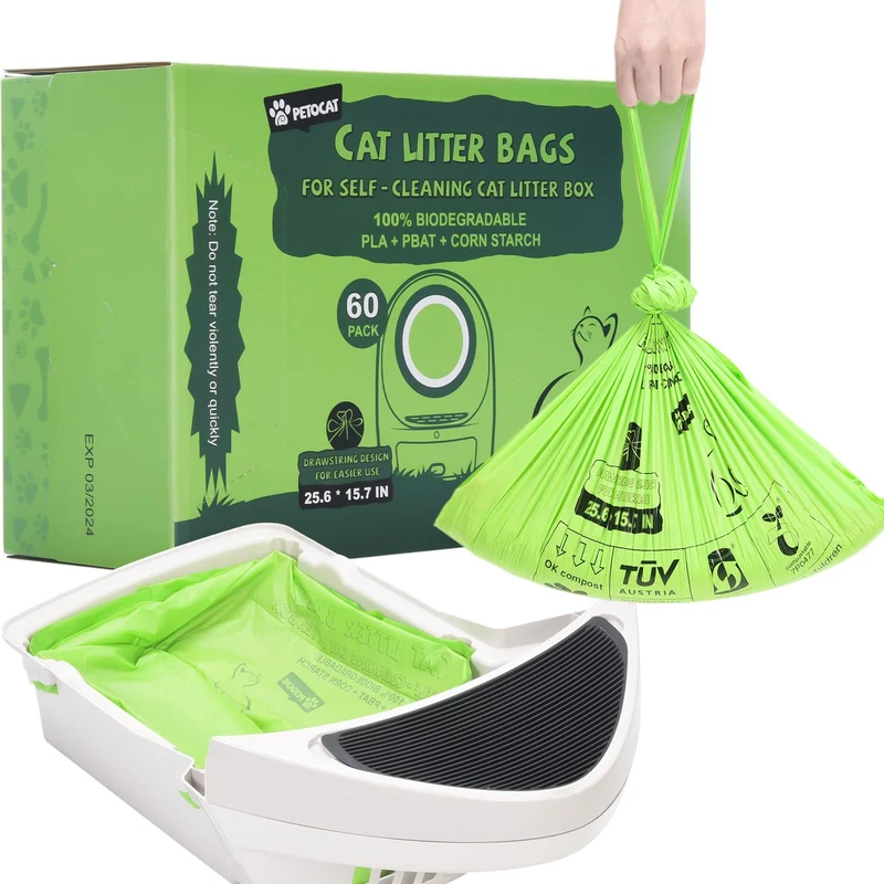 PETOCAT Sacs Litière Biodégradables – Compatibles LR3/LR4, 60 Sacs, Fermeture à Tirage