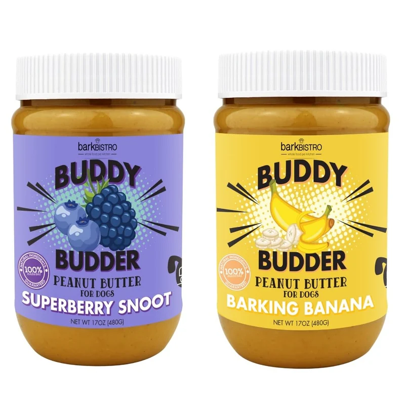 Buddy Budder Superberry Snoot + Barkin Banana — Beurre d’arachide naturel pour chien (set de 2, 17 oz), fabriqué aux États‑Unis