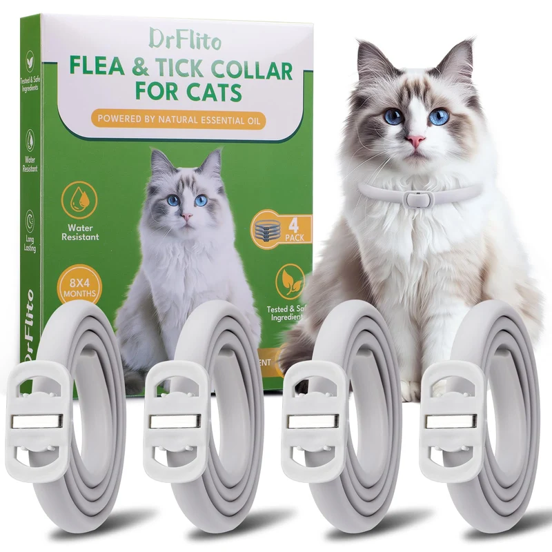 DrFlito 4 Pack Colliers Anti-Puces et Tiques pour Chats – 8 Mois, Étanches et Réglables