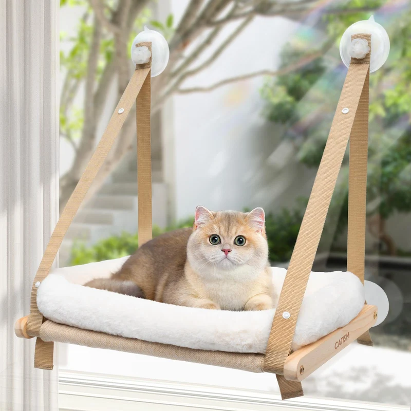 CATISM Coussin Hamac Fenêtre pour Chats – Bois, Lavable en Machine, Pliable (Khaki)