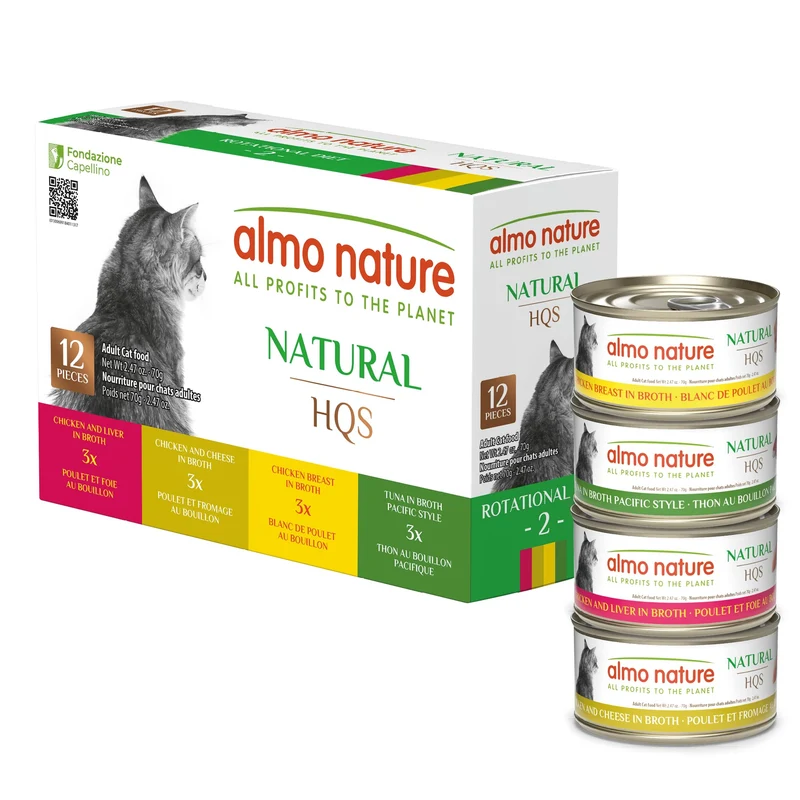 Almo Nature HQS Natural Wet Cat Food – Pack Rotatif Saveurs Saumon, Poulet et Thon, Sans Céréales ni Additifs, 2,47 oz, 12 boîtes