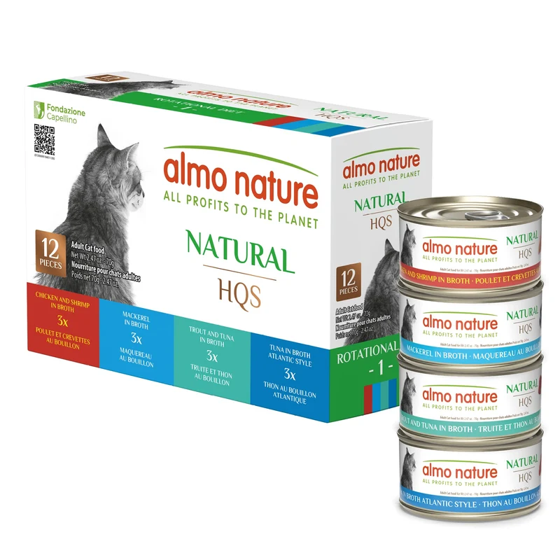 Almo Nature HQS Natural Chat Lot 2 – 12 boîtes de 70 g (2,47 oz) – Thon Atlantique, Maquereau, Truite et Thon, Poulet et Crevettes