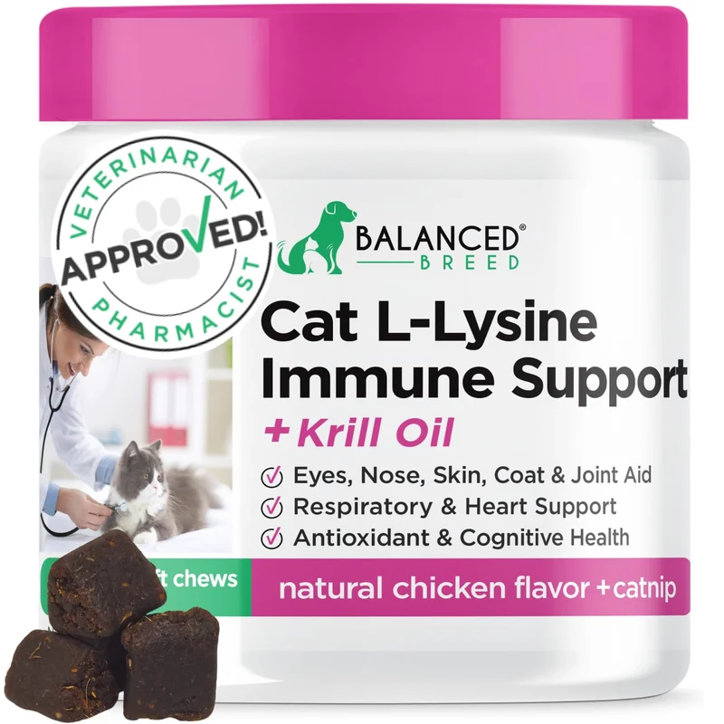 Balanced Breed L-Lysine pour Chats – Soutien Immunitaire et Soulagement Saisonnier, Friandises Molles Non-GMO, Fabriqué aux États‑Unis
