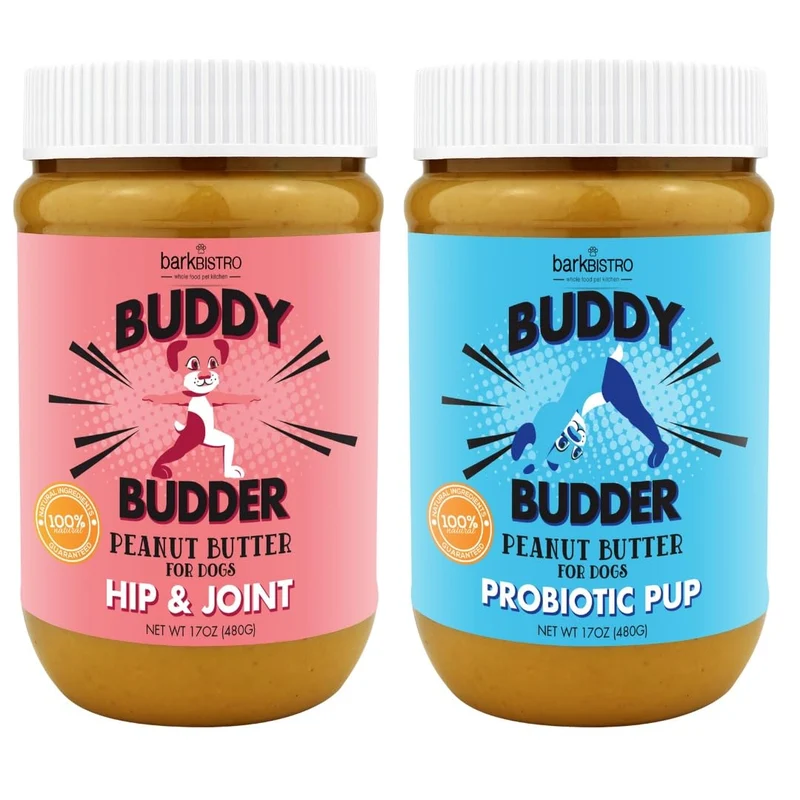BUDDY BUDDER Bow-Wow Blueberry + Cranberry Canine – Beurre d’arachide naturel pour chien, probiotiques et hip & joint, USA, 17 oz