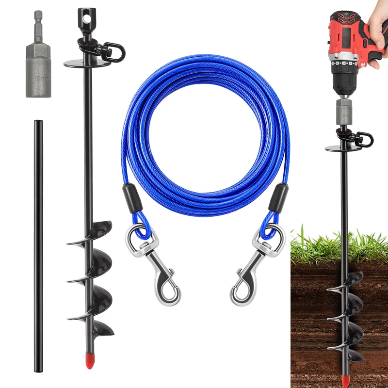 cawhulf Piquet d'attache robuste et câble 30 pieds – 360° spiral pour chien jusqu'à 200 lb