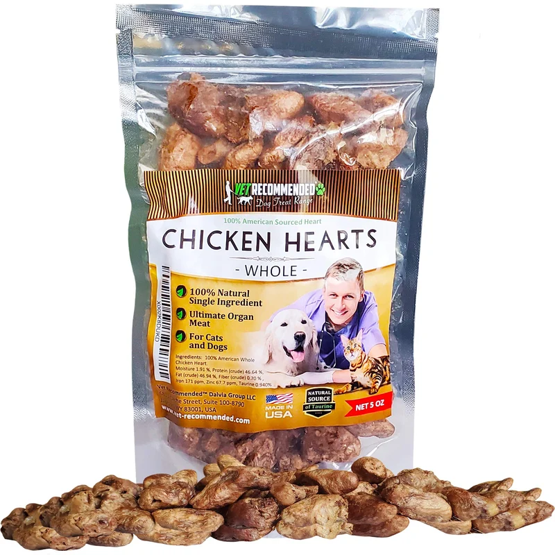 Vet Recommended – Cœurs de Poulet Entiers Séchés pour Chiens et Chats (142 g) – Friandises Naturelles, Taurine Naturelle, Qualité Alimentaire Humaine, Fabriqué aux États-Unis