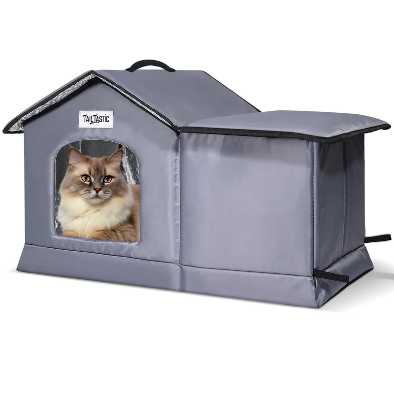 TailTastic Maison Chat Extérieur – Abri Étanche et Isolé, Fond Sans Couture, Montage Facile (Gris, L)