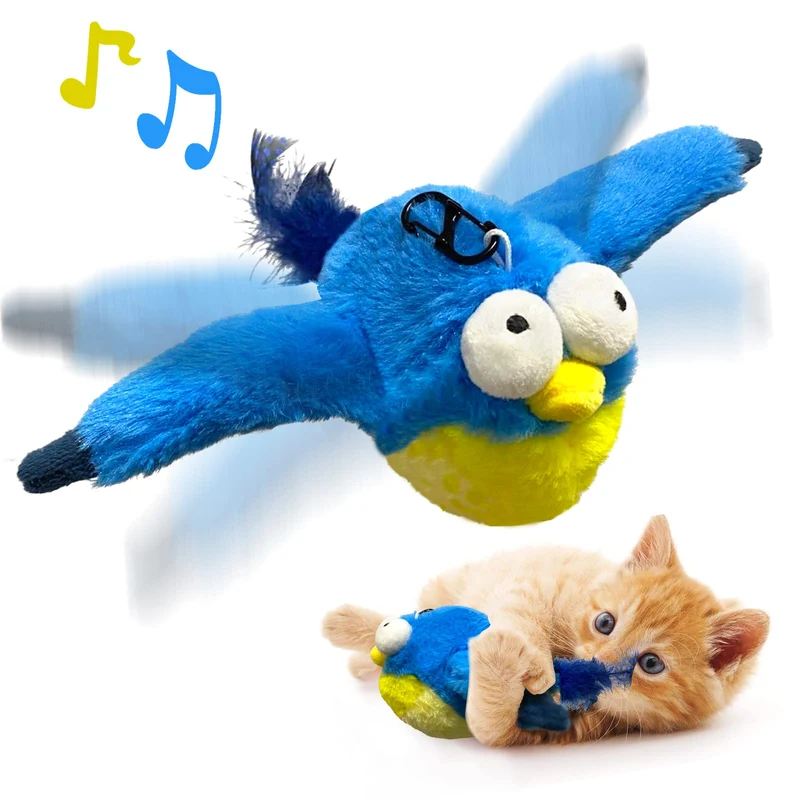 Jouet KreizyGo pour chat – Oiseau bleu à ailes battantes, gazouillant et rechargeable