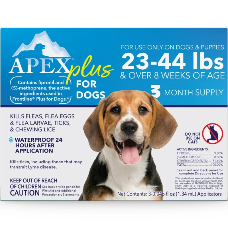 APEX ANIMAL HEALTH Apex Plus Prévention Puces et Tiques pour Chiens Moyens (23-44 lb) – 3 Mois, Activation 24h, Étanche, Protection de 30 Jours