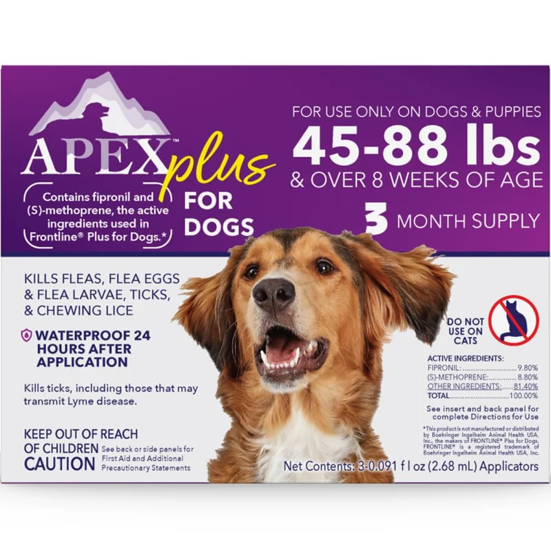 APEX ANIMAL HEALTH Apex Plus Prévention puces et tiques pour chiens — Grand (45-88 lb) | 3 mois | Étanche, Activation 24h