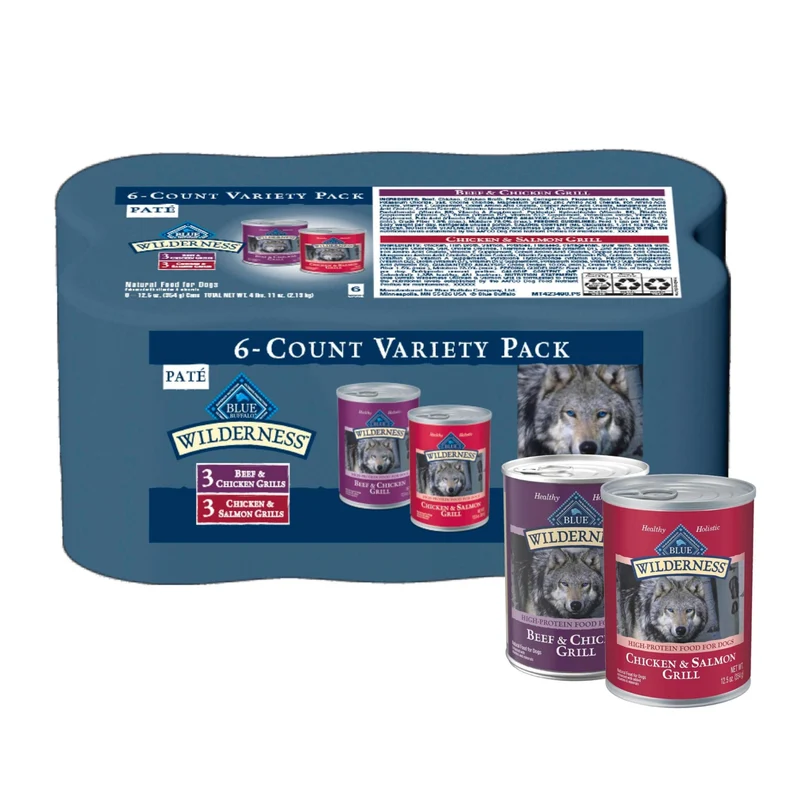 Blue Buffalo Wilderness Haute Protéine – Boeuf et Poulet & Saumon et Poulet, Sans Cereales, Lot de 6 Boîtes 12,5 onces