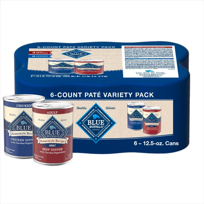 Blue Buffalo Homestyle Recipe – Aliment Humide pour Chien Adulte – Dîners Poulet et Boeuf – Lot de 6 Boîtes 12,5 oz (3 de chaque)