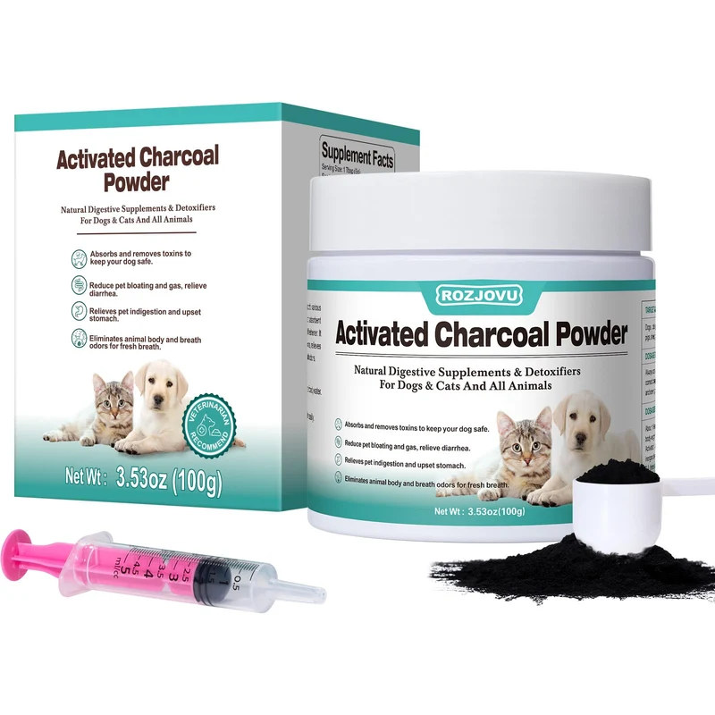 ROZJOVU Charbon Actif pour Animaux – Digestion, Gaz et Premier Secours – Non-GMO, Sans Gluten (3.53 oz, Poudre)