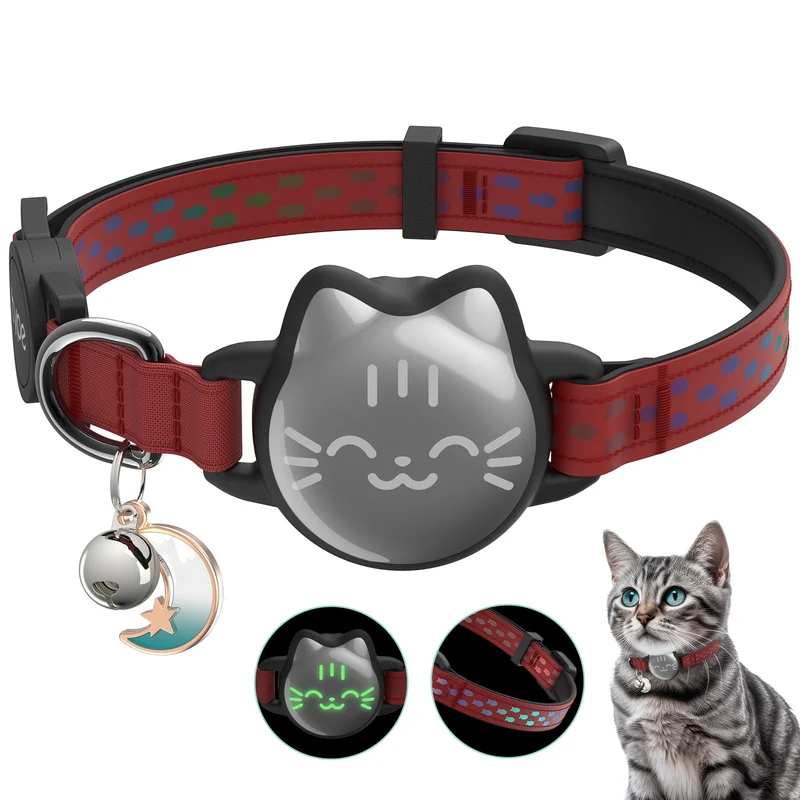 typecase collier Airtag étanche pour chat — boucle de sécurité, motif poisson réfléchissant, léger et traceur gps (9-13")