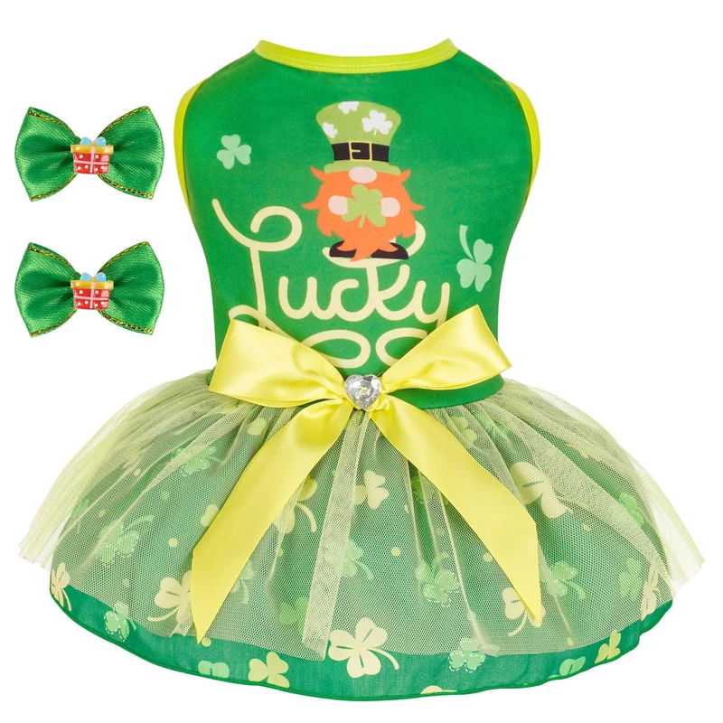Robe chien Saint-Patrick Cyeollo – Tulle vert avec noeud papillon, pour petits chiens et chats, taille XL