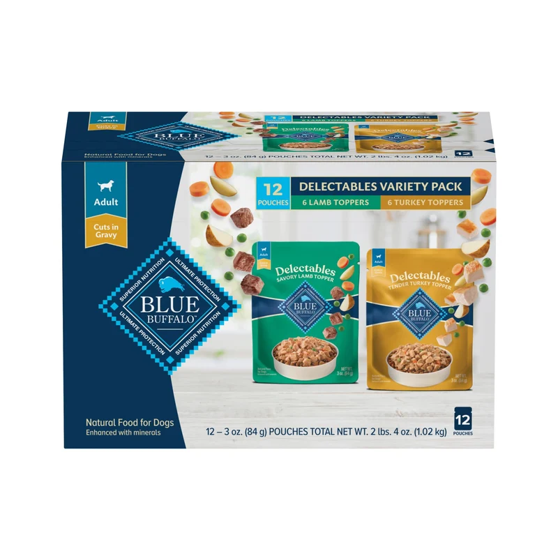 Blue Buffalo Delectables Garnitures Naturelles Humides pour Chiens – Lot Découverte Agneau et Dinde, 12 Sachets (3 oz chacun)