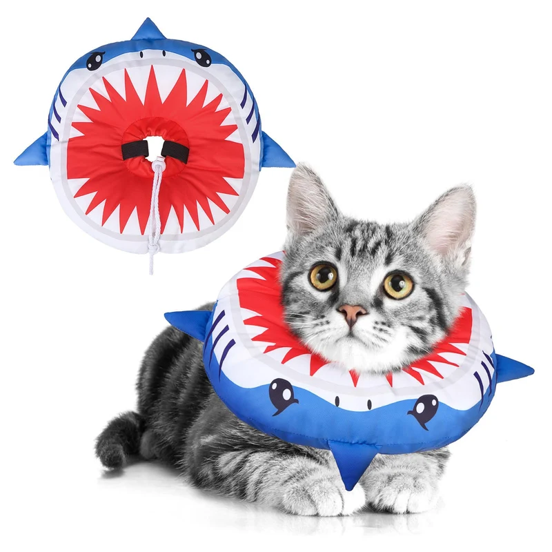 BEAUTYZOO Collier Cone Chat Doux et Reglable — Recuperation apres Chirurgie, Oreiller Donut Requin Design