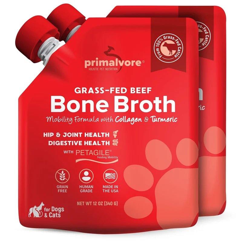 Primalvore Bouillon d’Os de Bœuf – Mobilité & Hydratation pour Chiens et Chats, Collagène, Qualité Humaine, Fabriqué aux États‑Unis, Pack 2