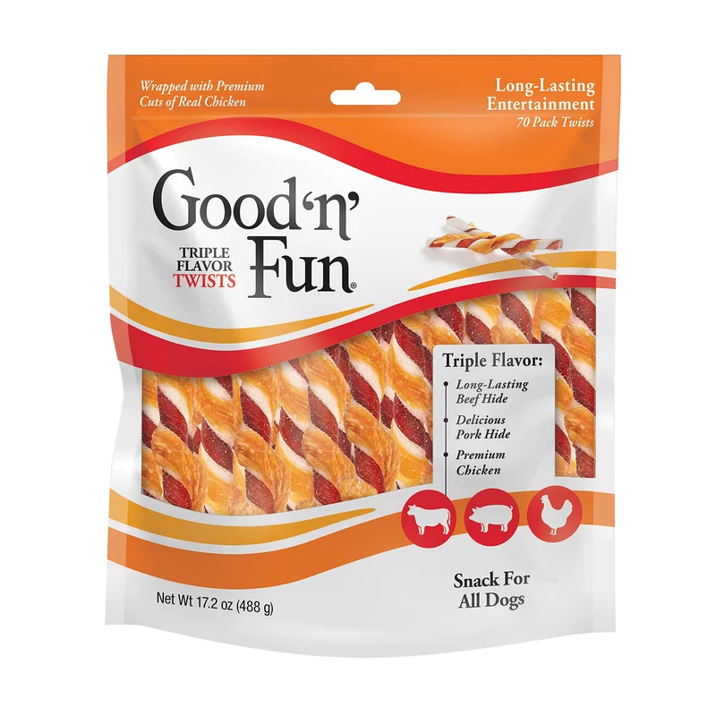 Good 'n' Fun Triple Flavor Twists pour chiens — 70 pièces, saveurs boeuf, porc et poulet