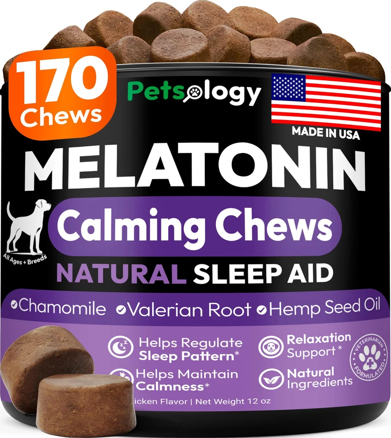 Petsology Mélatonine Avancée pour Chiens – 170 bouchées calmantes pour chiens de toutes tailles