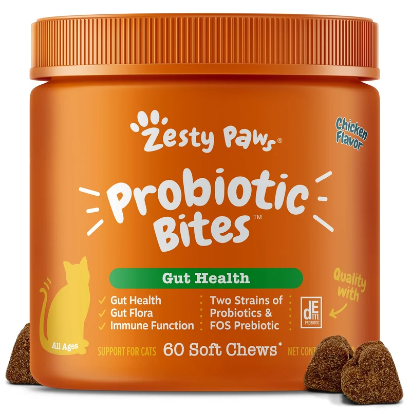 Zesty Paws Probiotic Bites pour Chats – Soutien Digestif & Immunitaire – DE111 + FOS – 60 bouchées