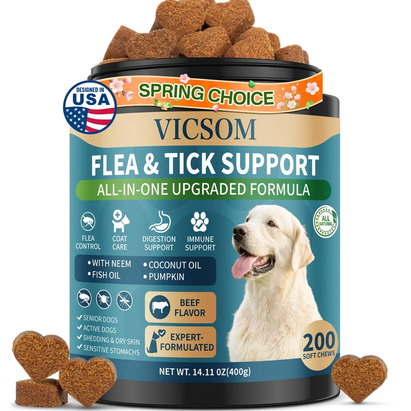 VICSOM Prévention Puces et Tiques pour Chiens – Friandises Boeuf (200), Soutien Digestion & Peau