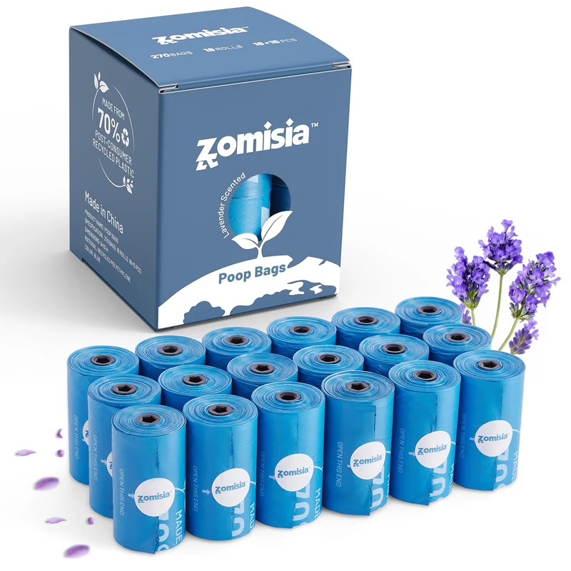 ZOMISIA Sacs Crottes Chien Lavande – 18 Rouleaux, 270 Sacs, Extra Épais, Étanches, 70% Recyclé, GRS Certifié
