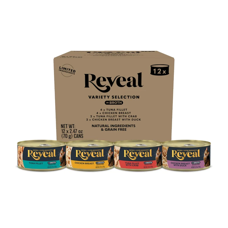 Reveal – Aliment humide naturel pour chat, pack varié 4 saveurs sans céréales, haute protéine, sans additifs artificiels, poisson et poulet en bouillon (12 boîtes de 2,47 oz)