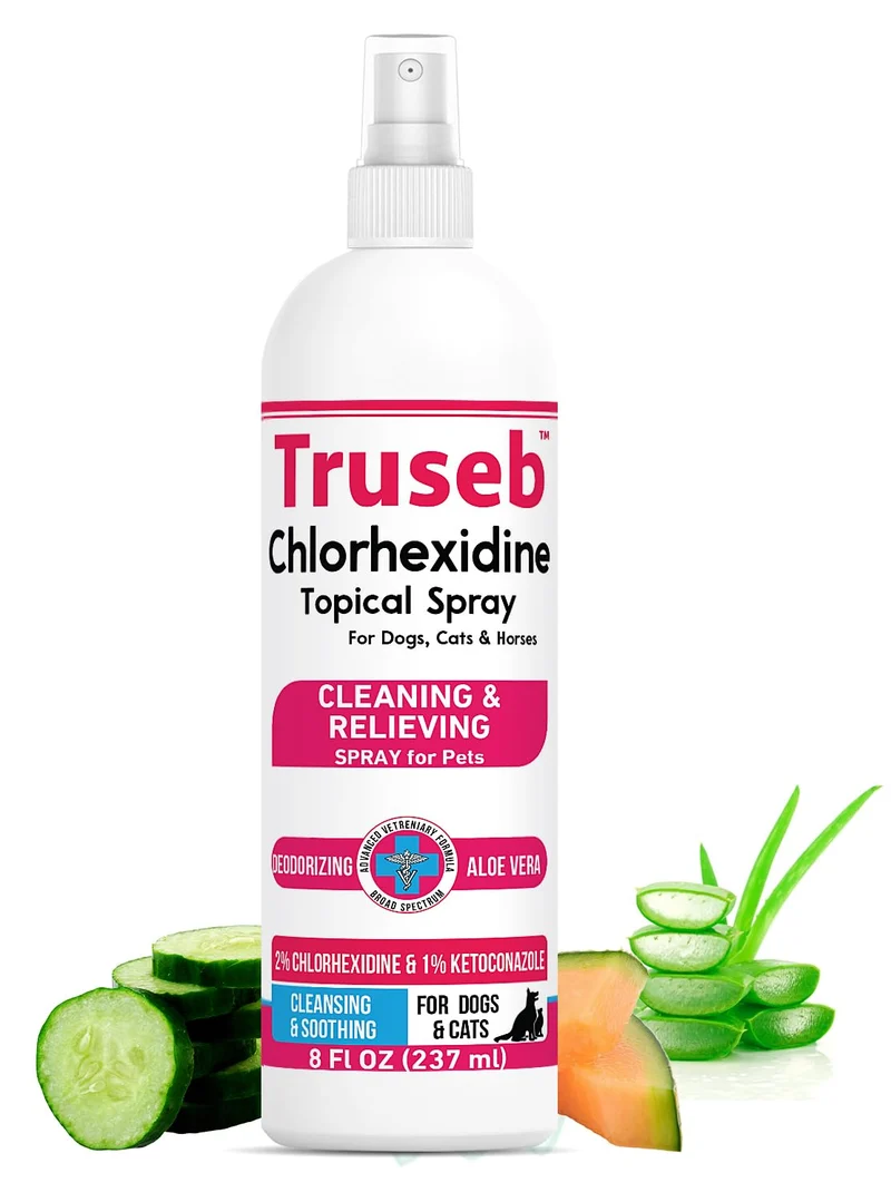 Truseb Avancé – Spray chlorhexidine médicamenteux pour chiens, chats et chevaux avec aloe vera et kétoconazole – 8 oz