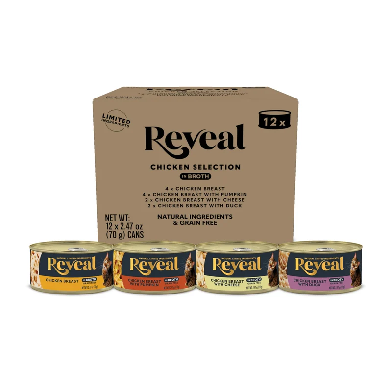 Reveal Alimentation humide naturelle pour chat — Pack 4 saveurs, ingrédients limités, sans céréales, protéine élevée, poulet en bouillon (12 × 70 g)