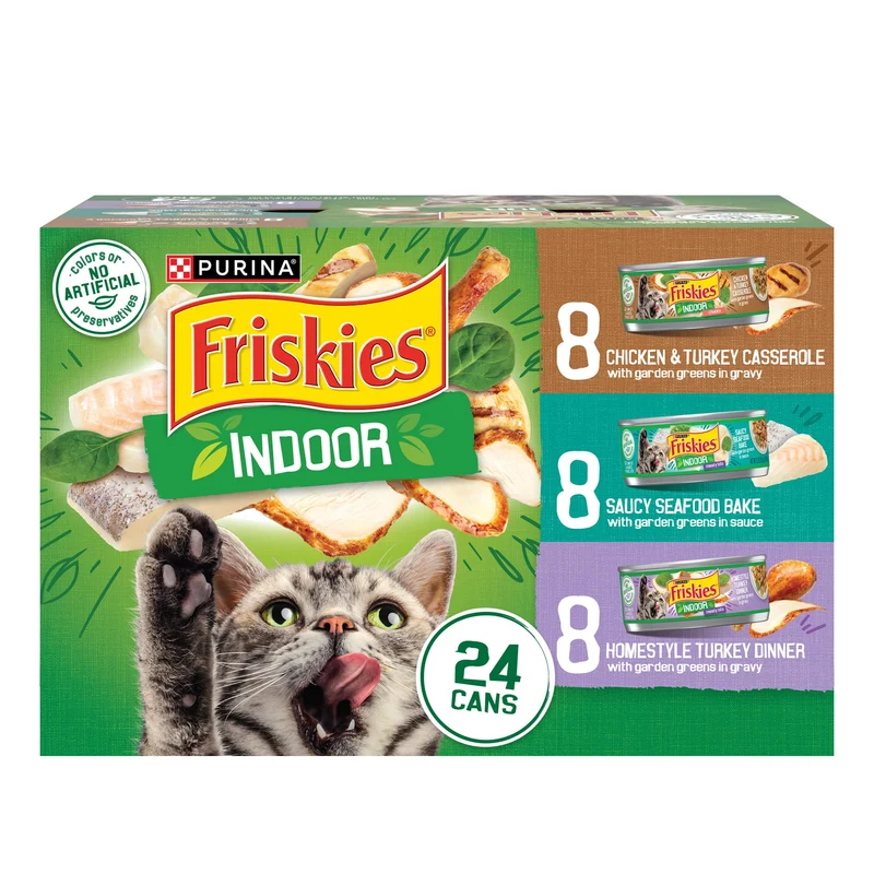 Purina Friskies Nourriture humide pour chats d’intérieur – Lot de 24 boîtes 156 g (3 saveurs : poulet-dinde casserole, fruits de mer sauce, dinde maison)