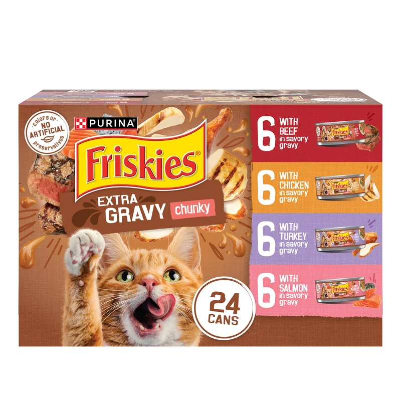 Friskies Purina – Nourriture humide pour chat variée avec sauce savoureuse, 4 recettes, pack 24 boîtes de 5,5 oz (Poulet, Dinde, Saumon, Boeuf)