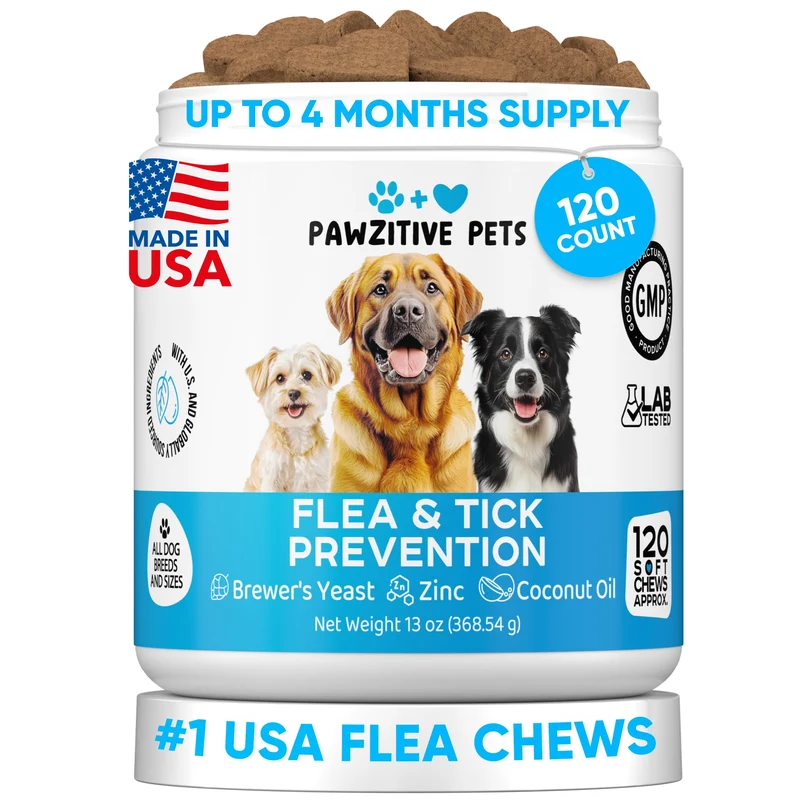 Pawzitive Pets – Prévention puces et tiques à mâcher pour chiens, 120 bouchées, fabriqué aux États‑Unis