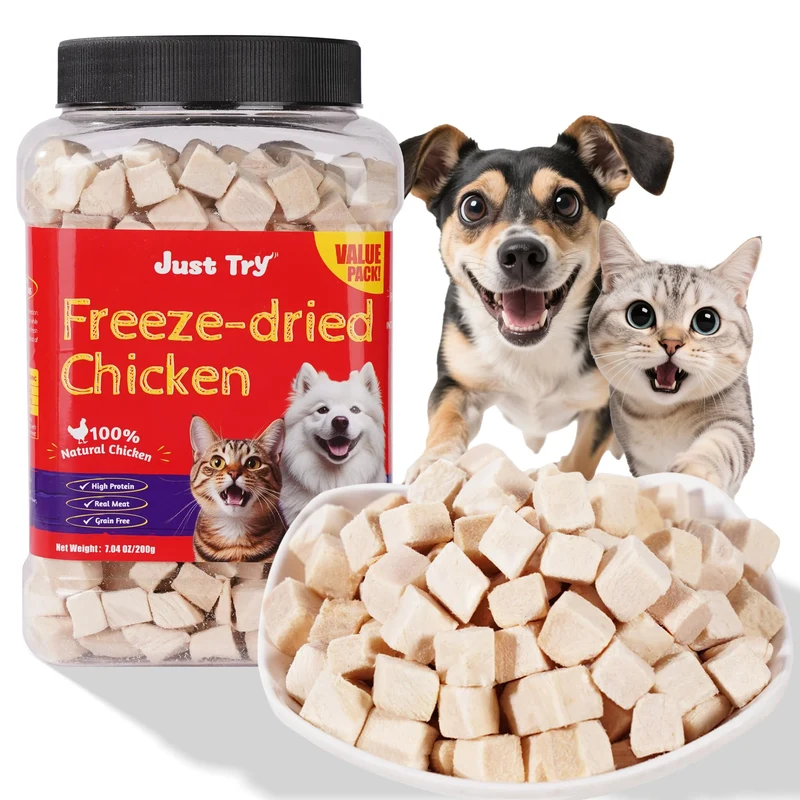 Just Try 7,05 oz Cubes de Poulet Séché — Topper Protéiné Cru Sans Céréales pour Chat et Chien