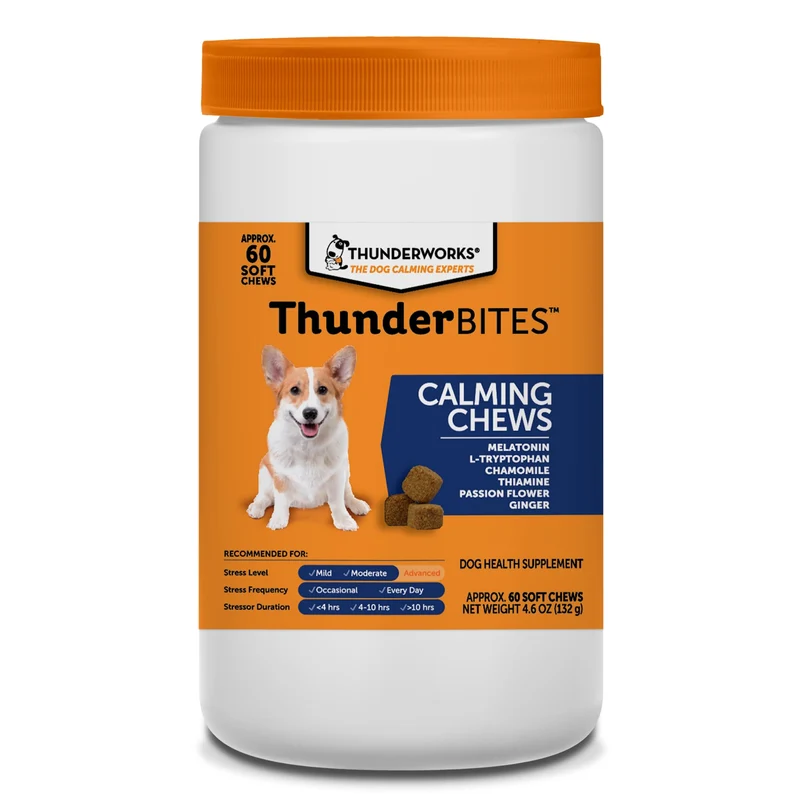 ThunderBites Friandises Calmantes pour Chiens – 60 Bouchées, Thiamine, Tryptophane, Mélatonine et Gingembre
