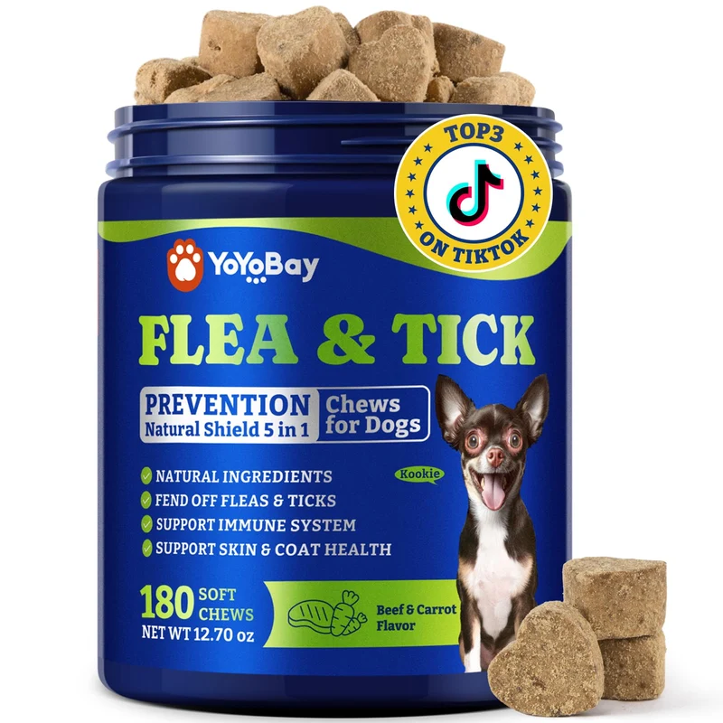 YoYoBay Prévention Puces & Tiques pour Chiens – Comprimés Orales 5-en-1 Saveur Boeuf & Carotte, 180 bouchées