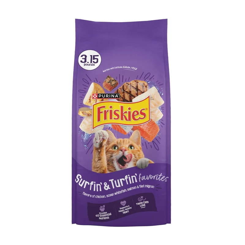 Purina Friskies Surfin et Turfin Favorites – Saveurs Poulet, Poisson blanc océan, Saumon et Filet Mignon – Pack 4 x 1,43 kg