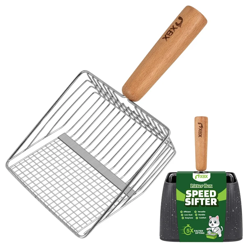 XBX Pelle à Litière avec Support – Tamis Métallique Robuste, Manche en Bois et Socle Amovible