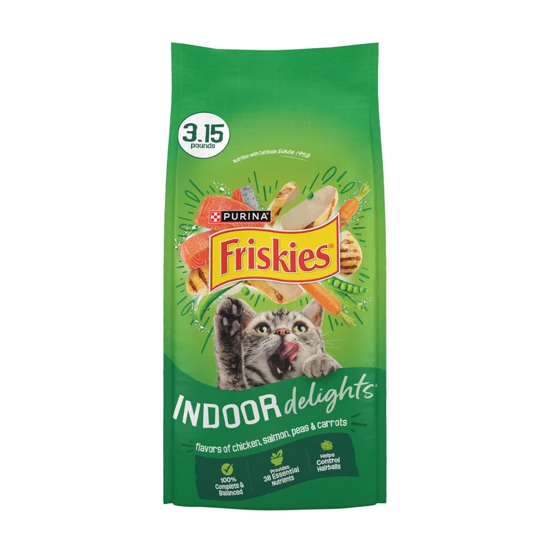 Purina Friskies Indoor Delights – Croquettes pour Chat d’Intérieur Saveurs Poulet Saumon Pois Carottes – Pack 4 x 1,43 kg