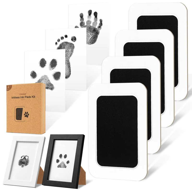 catose Kit d Empreintes Sans Encre – Patte Chien/Chat et Main Bebe, Cadres Bois, 4 Tampons + 2 Cadres