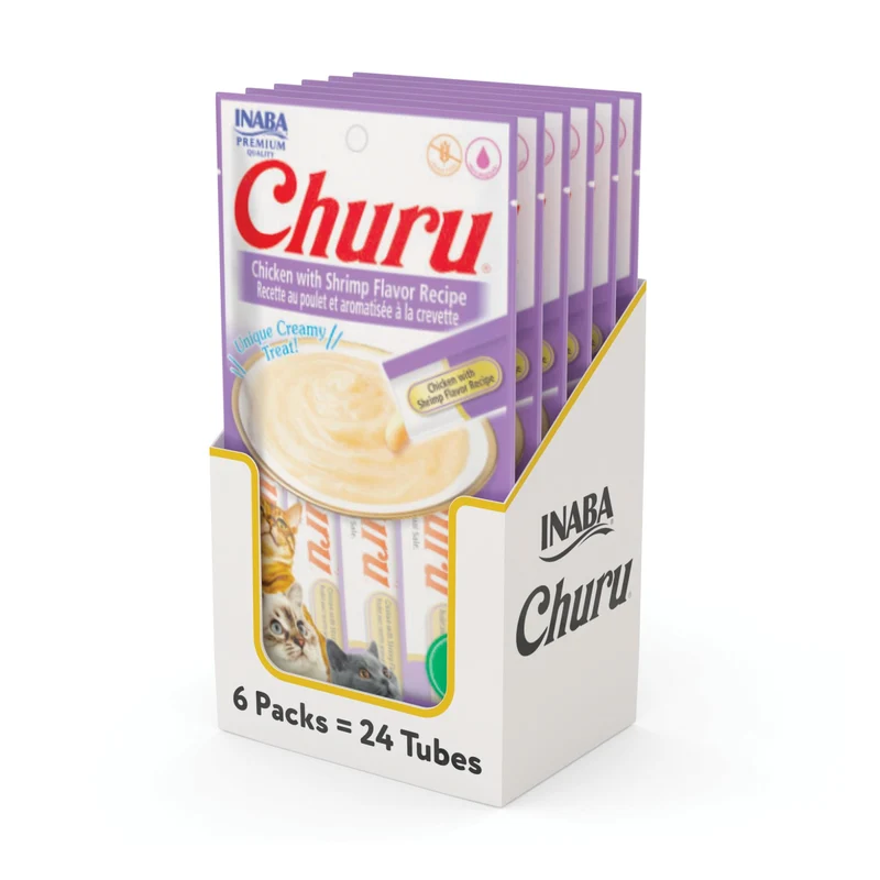 INABA Churu Chat – Purée Crème Lickable Sans Céréales, Taurine & Vitamine E, Poulet & Crevettes, 24 Tubes (14 g chacun)
